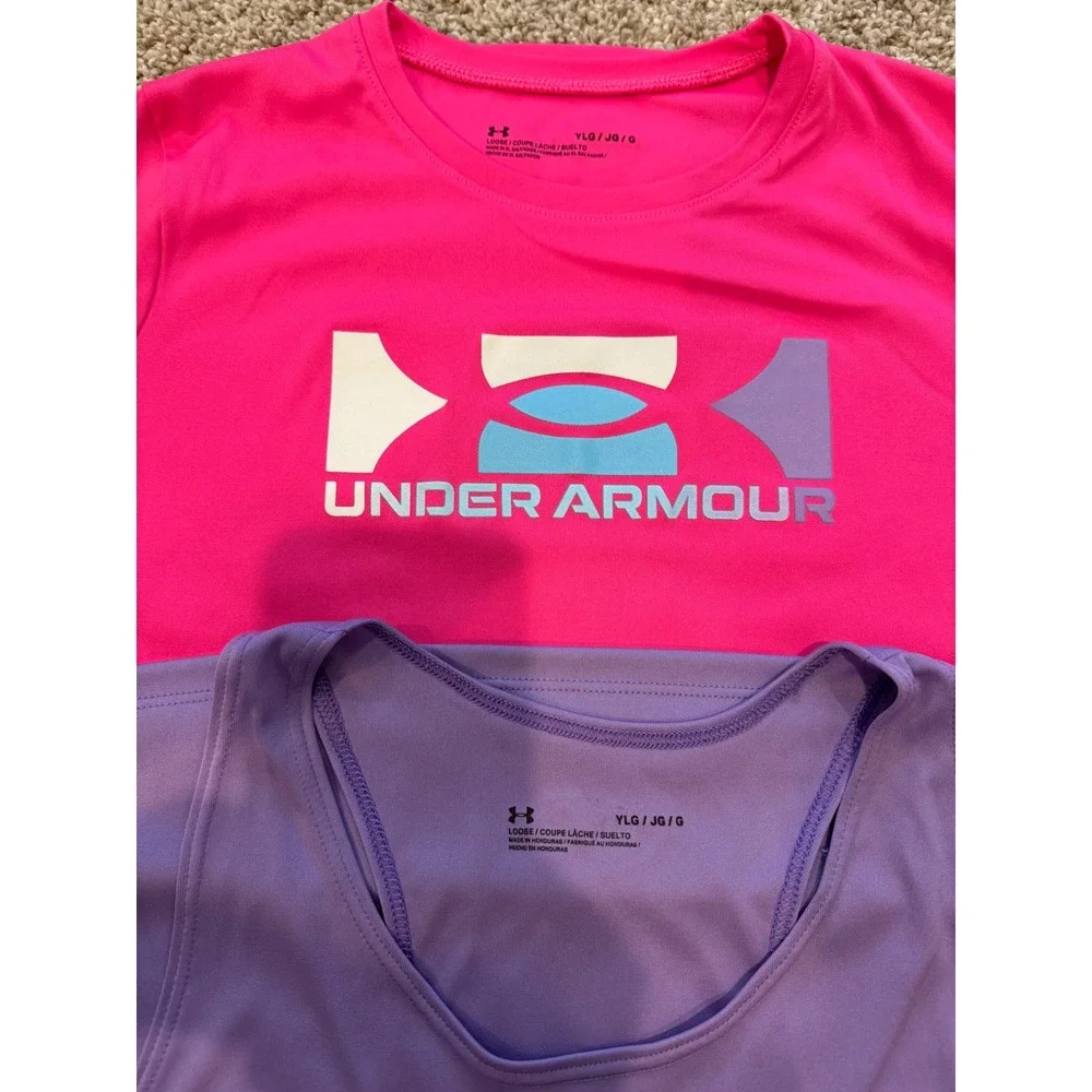 *Bundle 2 Tops* Under Armour Girls Active Tee & Tank Size Youth L Pink Purple